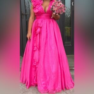 Mac Duggal Orange Maxi A-Line Dress with Ruffled Details